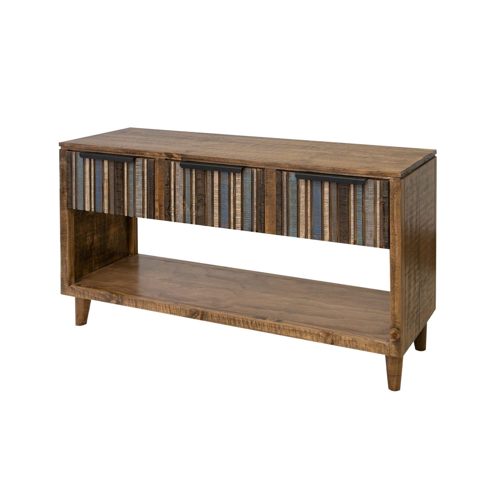 Texu 55 Inch Sofa Console Table Pine Wood 3 Drawers 1 Shelf Brown Blue By Casagear Home BM311240