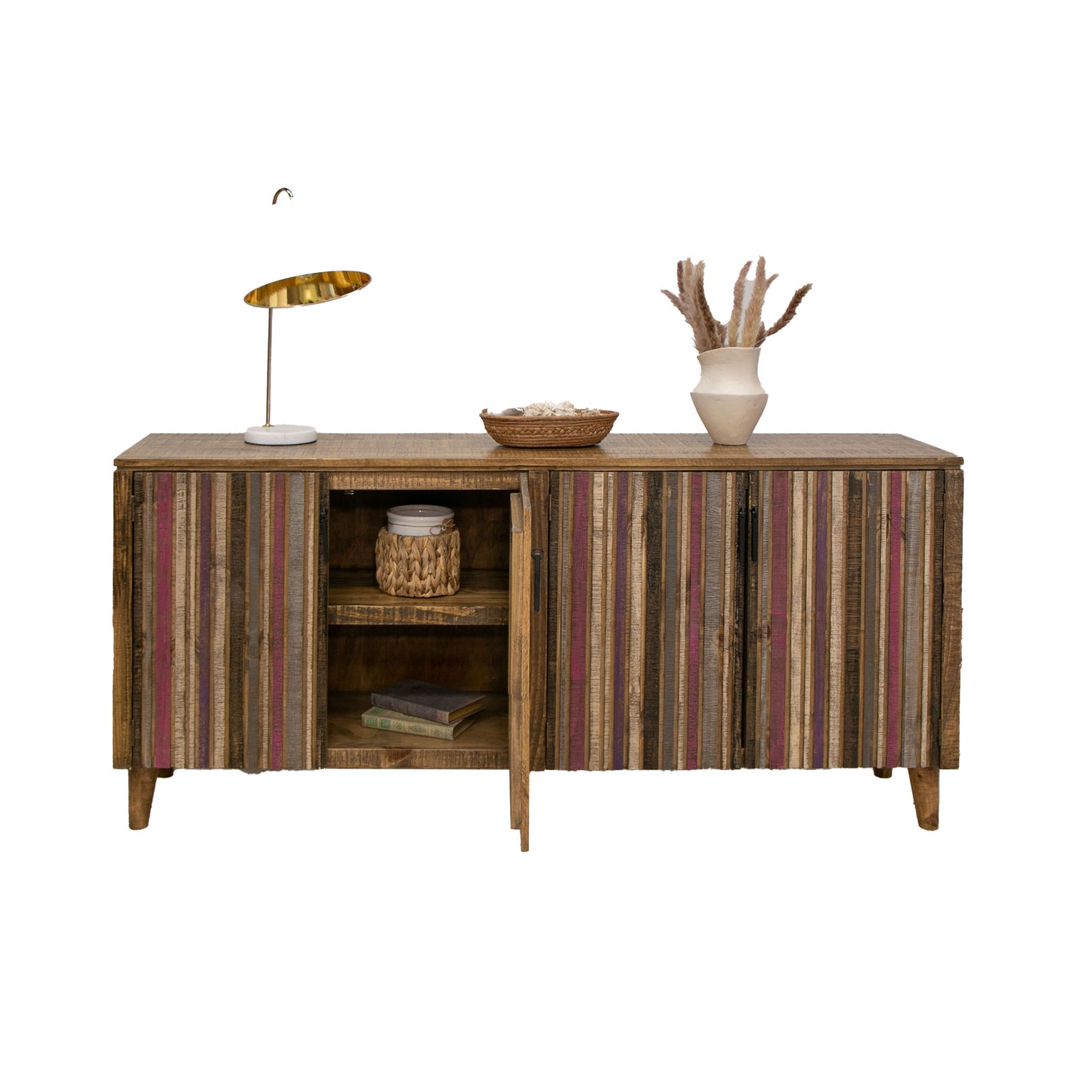 Texu 69 Inch Sideboard Console Pine 4 Doors Pedant Handles Brown Pink By Casagear Home BM311247