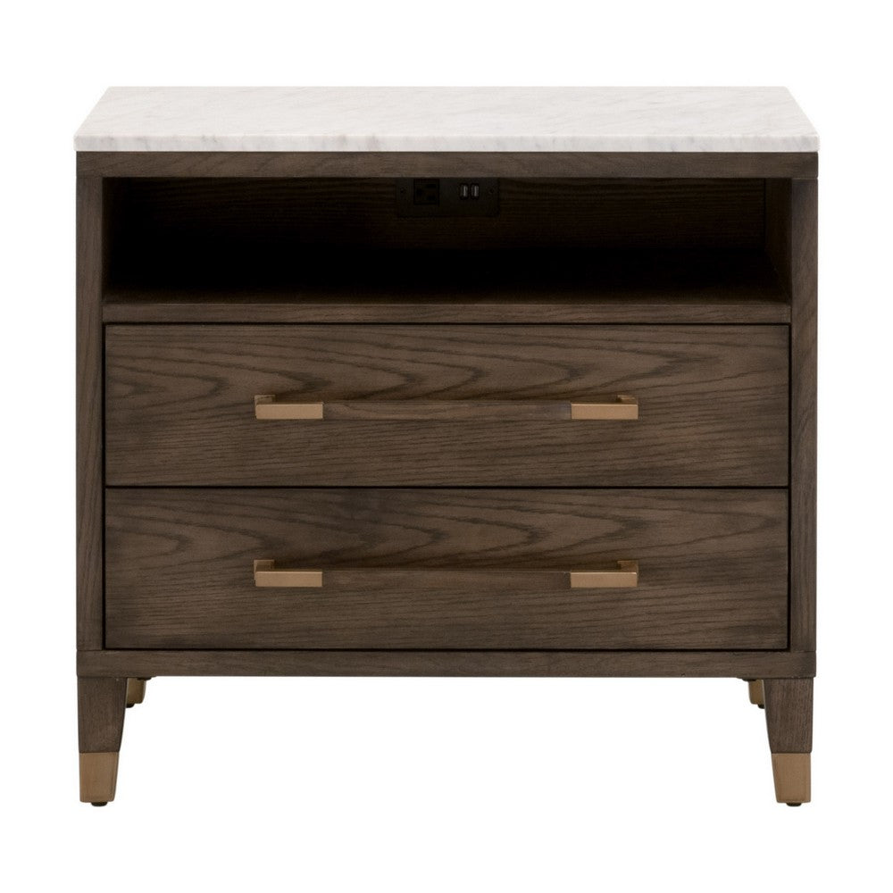 29 Inch Nightstand 2 Drawers Marble Top Gold Soild Oak Wood Brown By Casagear Home BM311360