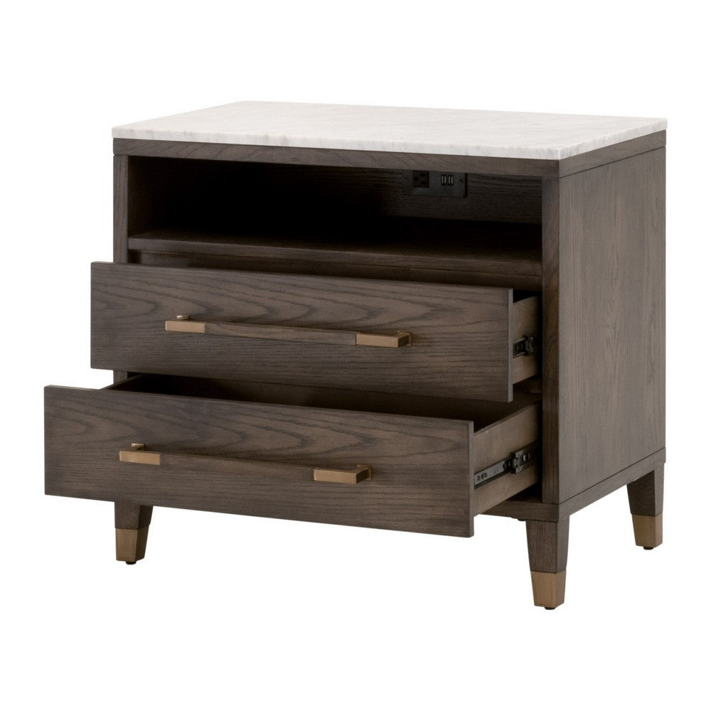 29 Inch Nightstand 2 Drawers Marble Top Gold Soild Oak Wood Brown By Casagear Home BM311360