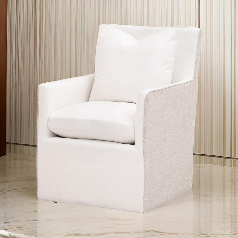 28 Inch Dining Armchair with Caster Wheels, 1 Pillow, Piped Details, White By Casagear Home