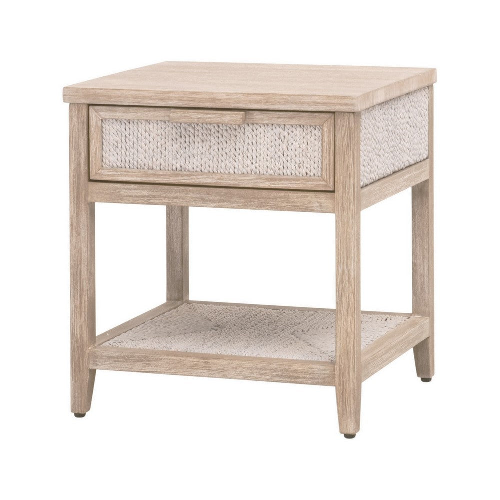 24 Inch Nightstand 1 Drawer with Handle Hand Woven Rope White Oak Brown By Casagear Home BM311366