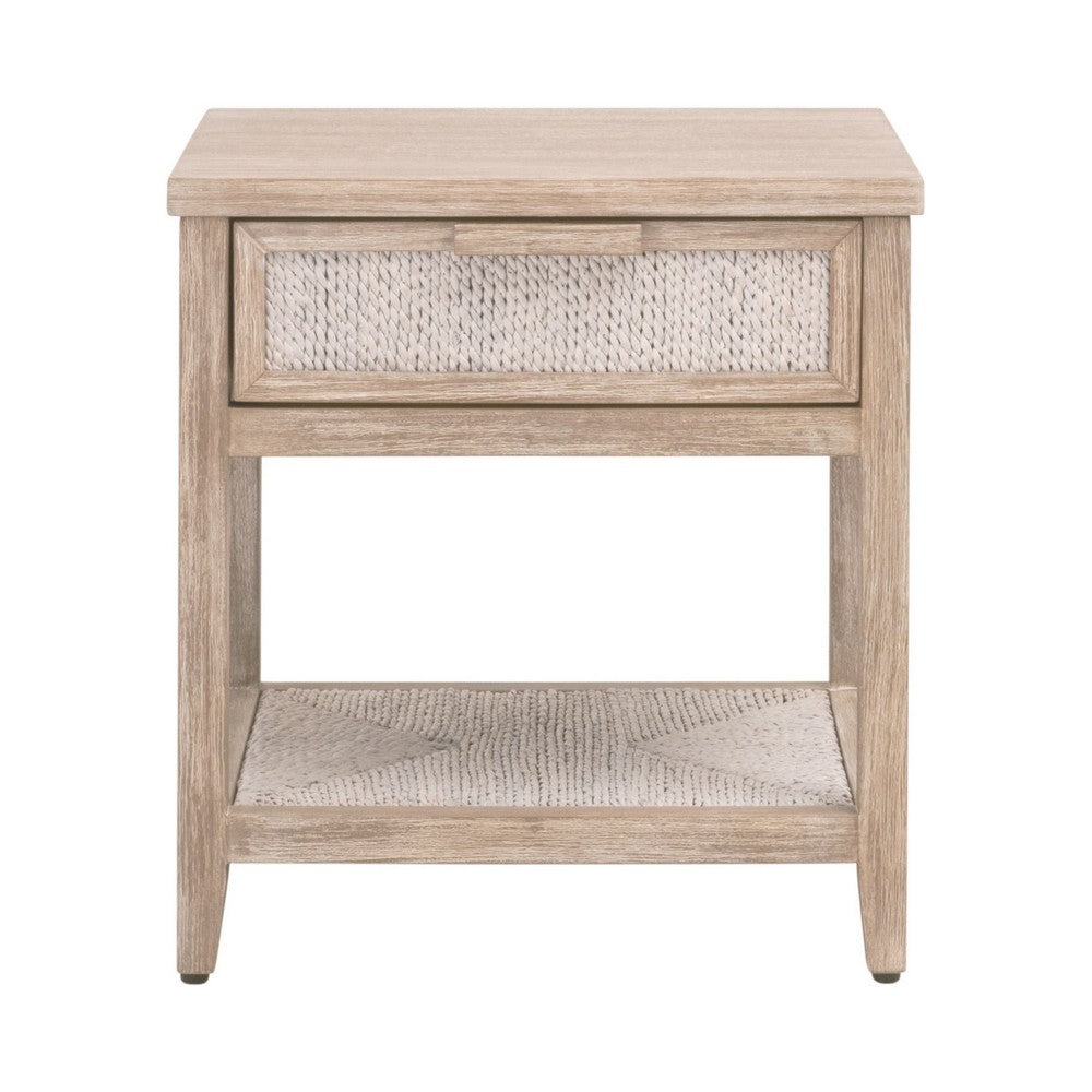 24 Inch Nightstand 1 Drawer with Handle Hand Woven Rope White Oak Brown By Casagear Home BM311366