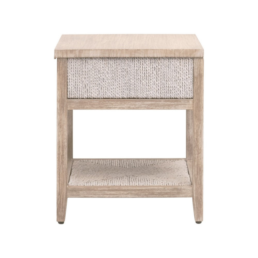 24 Inch Nightstand 1 Drawer with Handle Hand Woven Rope White Oak Brown By Casagear Home BM311366