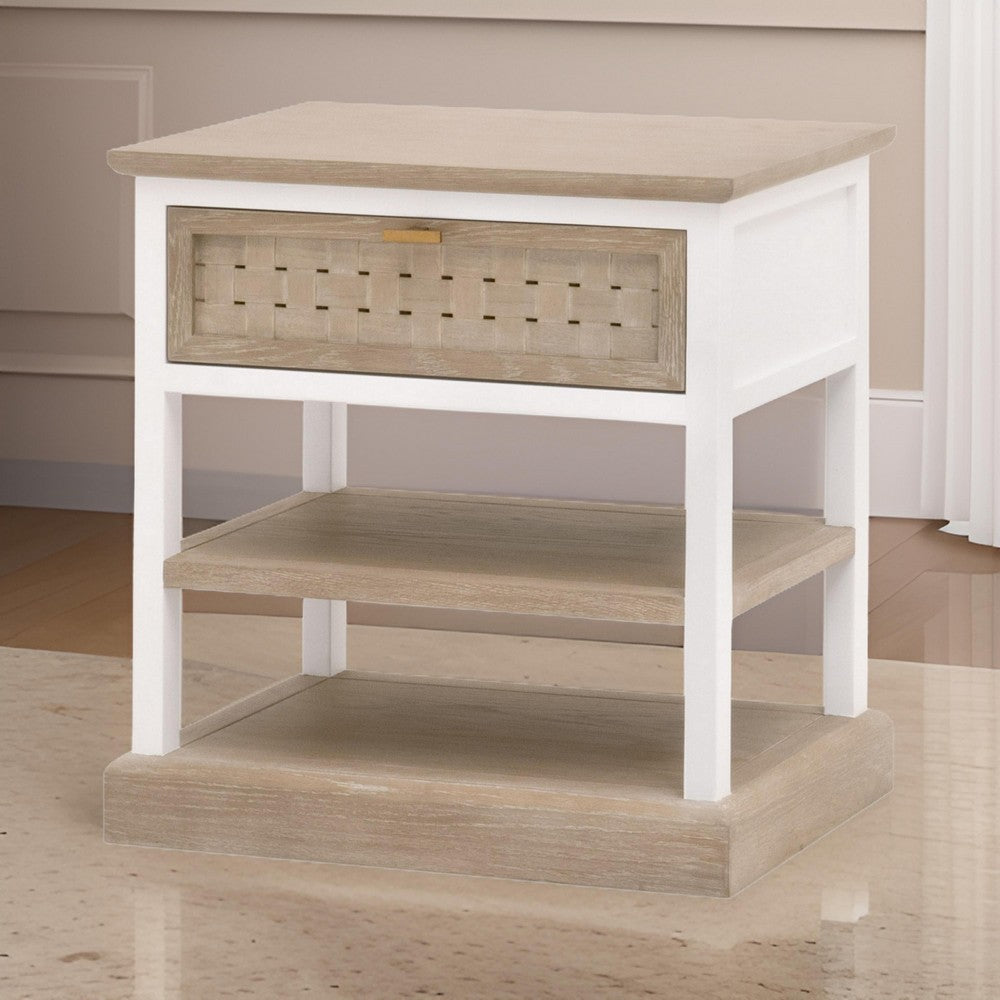 25 Inch Side End Table, 1 Drawer, 2 Open Storage Shelves, White, Oak Brown By Casagear Home