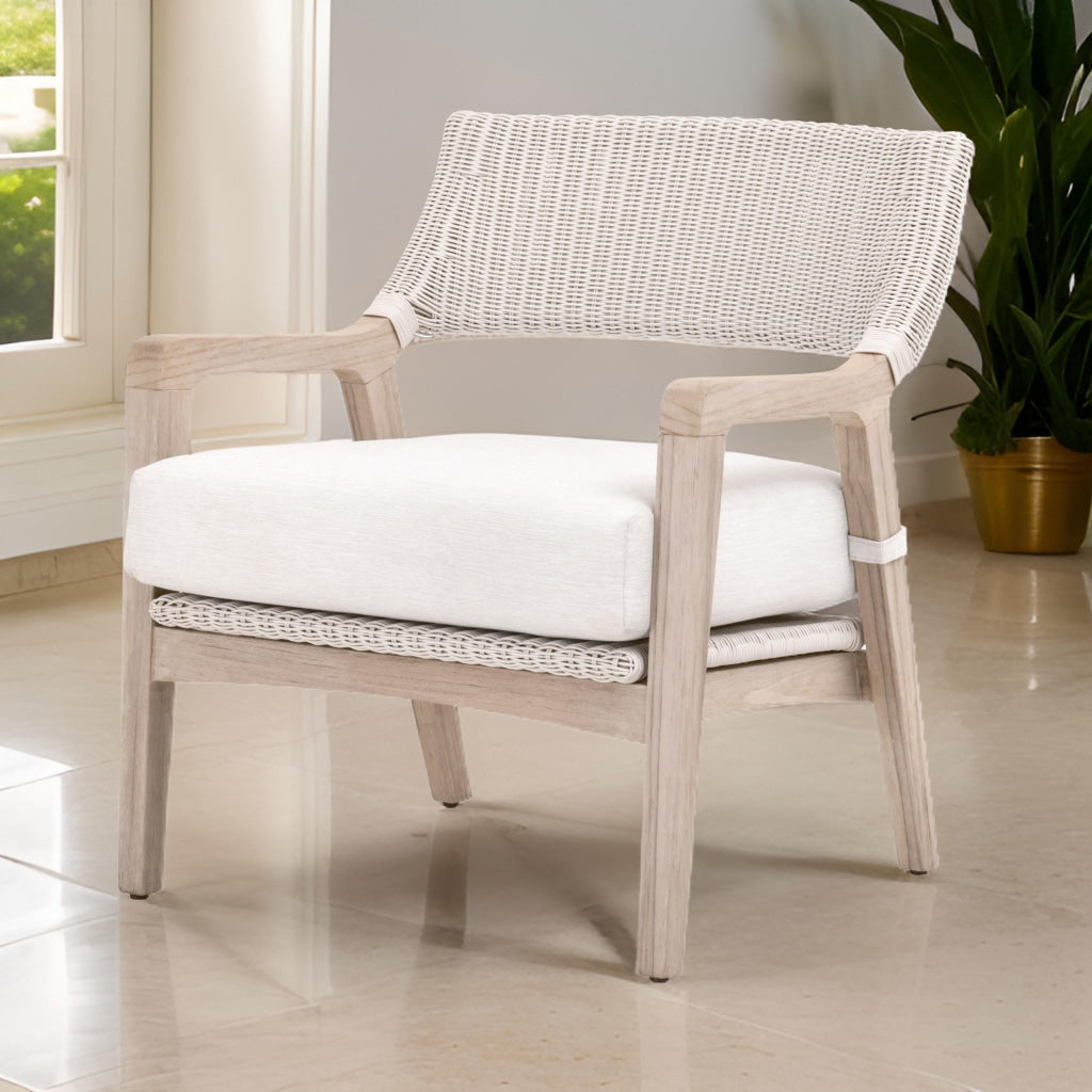 29 Inch Club Chair Gray Teak Wood Woven Back and Seat White Cushion By Casagear Home BM311379