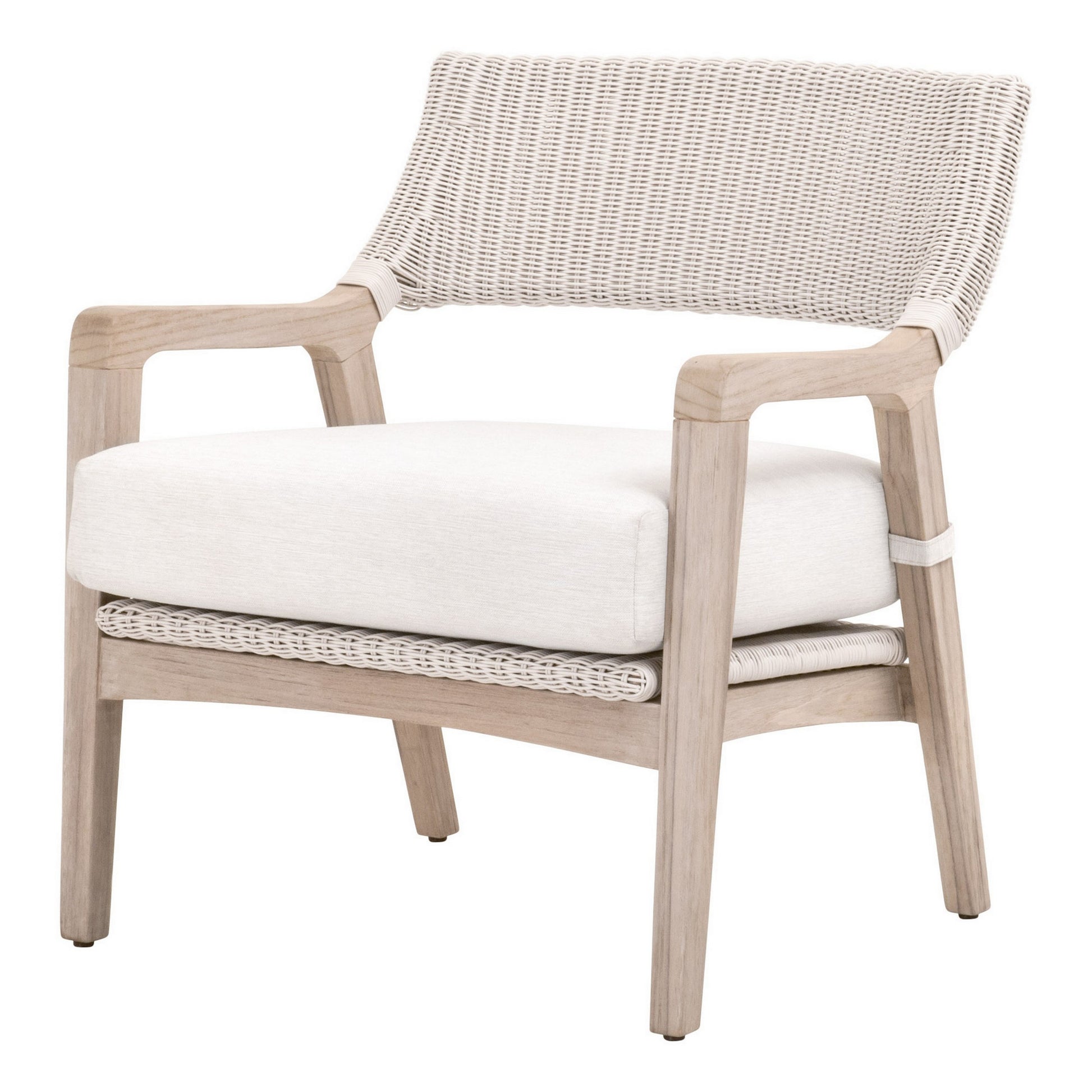 29 Inch Club Chair Gray Teak Wood Woven Back and Seat White Cushion By Casagear Home BM311379