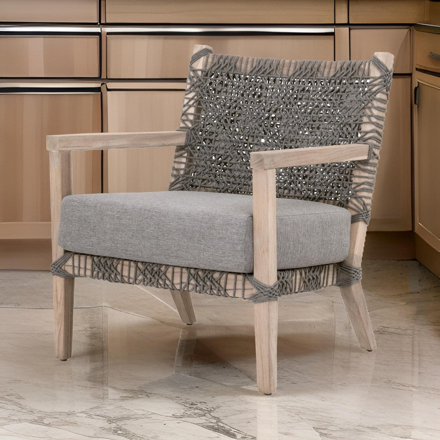 30 Inch Club Chair Solid Teak Wood Woven Back and Seat Gray Cushion By Casagear Home BM311380