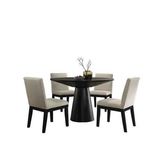 Yuvi 5 Piece Dining Table and Chair Set, Round Top, Beige Cushioned, Black By Casagear Home