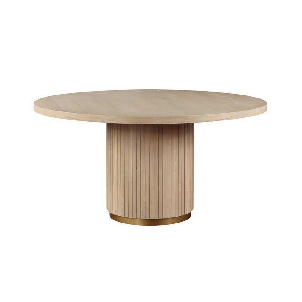 Emi 59 Inch Dining Table, Round Top and Pedestal Base, Rustic Brown, Gold By Casagear Home