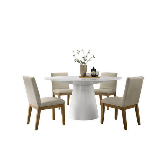 Yuvi 5 Piece Dining Table and Chair Set, White Round Table, Cushioned Seat By Casagear Home