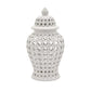 24 Inch Temple Ginger Jar Ceramic White Carved Lattice Design with Lid By Casagear Home BM311431