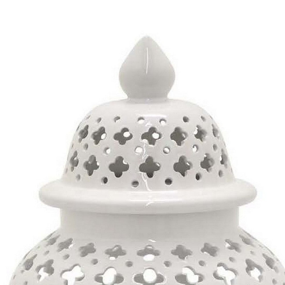 24 Inch Temple Ginger Jar Ceramic White Carved Lattice Design with Lid By Casagear Home BM311431