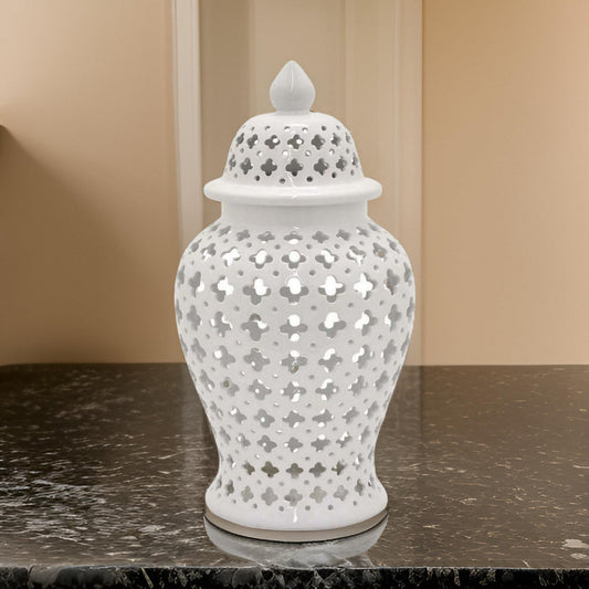 24 Inch Temple Ginger Jar Ceramic White Carved Lattice Design with Lid By Casagear Home BM311431