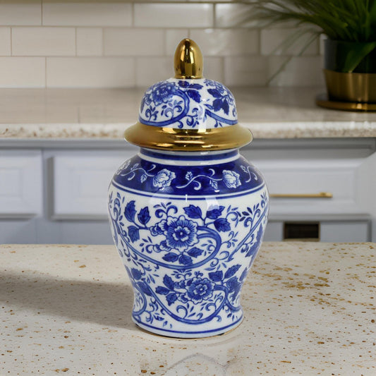 18 Inch Temple Ginger Jar Ceramic Multi Floral Design White Blue Gold By Casagear Home BM311444