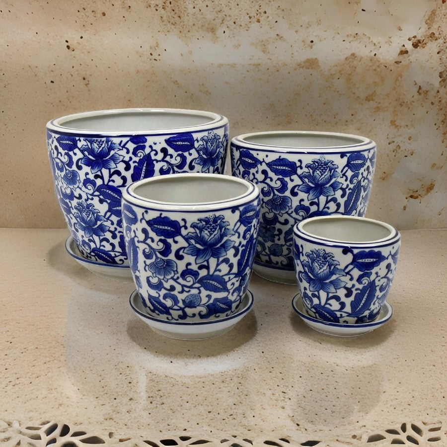 Planter With Saucer Set of 4 Vintage Blue Floral Print White Ceramic By Casagear Home BM311454