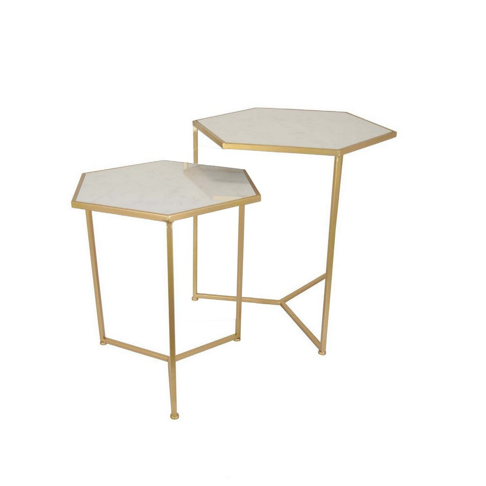 Plant Stand Table Set of 2 Metal Gold Frames Hexagonal White Tabletops By Casagear Home BM311455