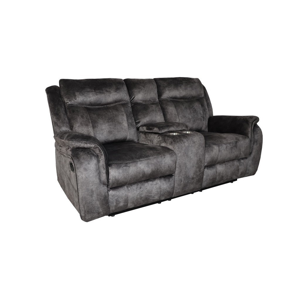 Harbor 73 Inch Loveseat, Dual Recliners and Console, Gray Faux Suede By Casagear Home