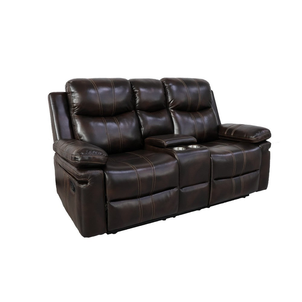 Linden 69 Inch Loveseat with Dual Recliners, Console, Brown Faux Leather By Casagear Home