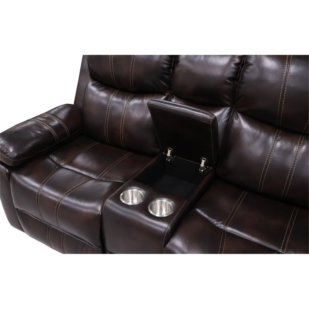 Linden 70 Inch Loveseat with Power Recliners Console Brown Faux Leather By Casagear Home BM311479