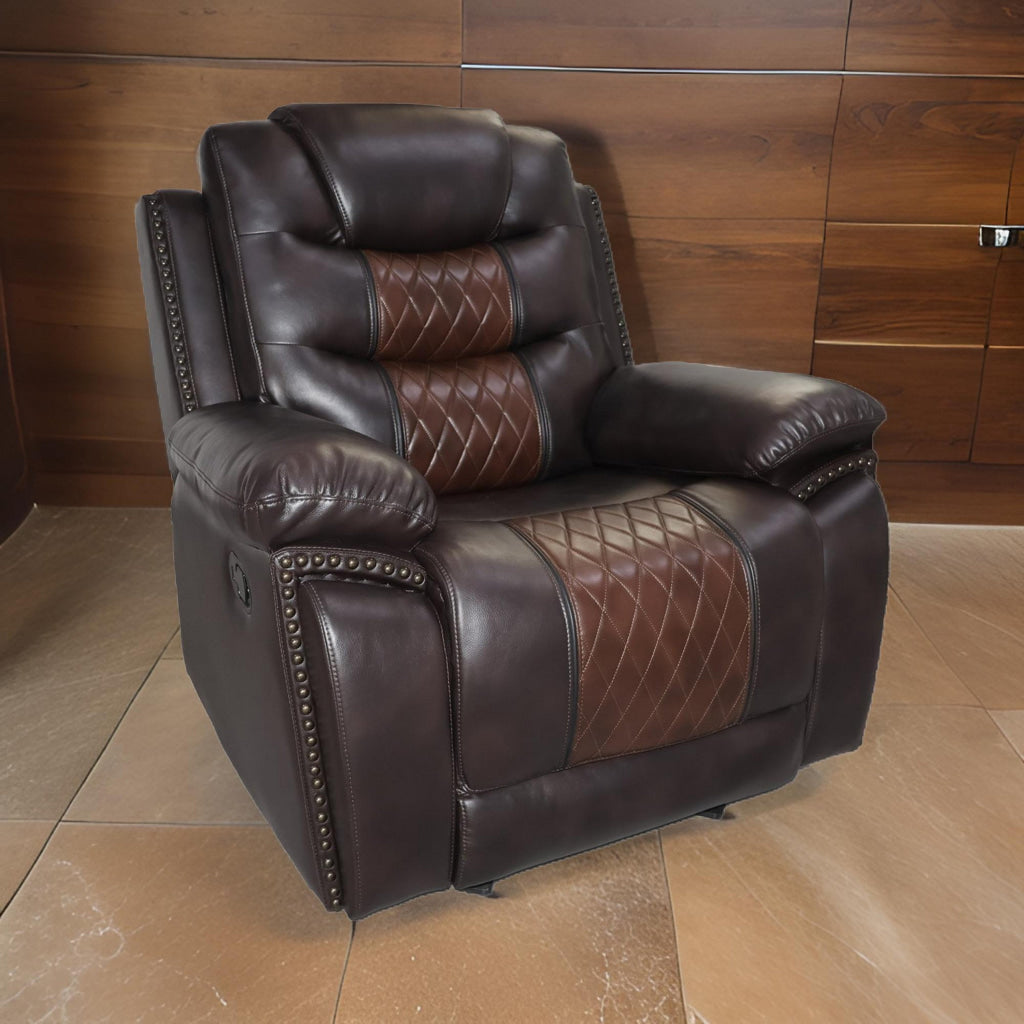 Asher 39 Inch Manual Recliner Chair Wood Pocket Coils Brown Faux Leather By Casagear Home BM311481