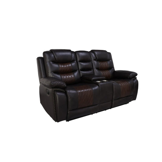 Asher 74 Inch Loveseat with Dual Recliners, Console, Brown Faux Leather By Casagear Home