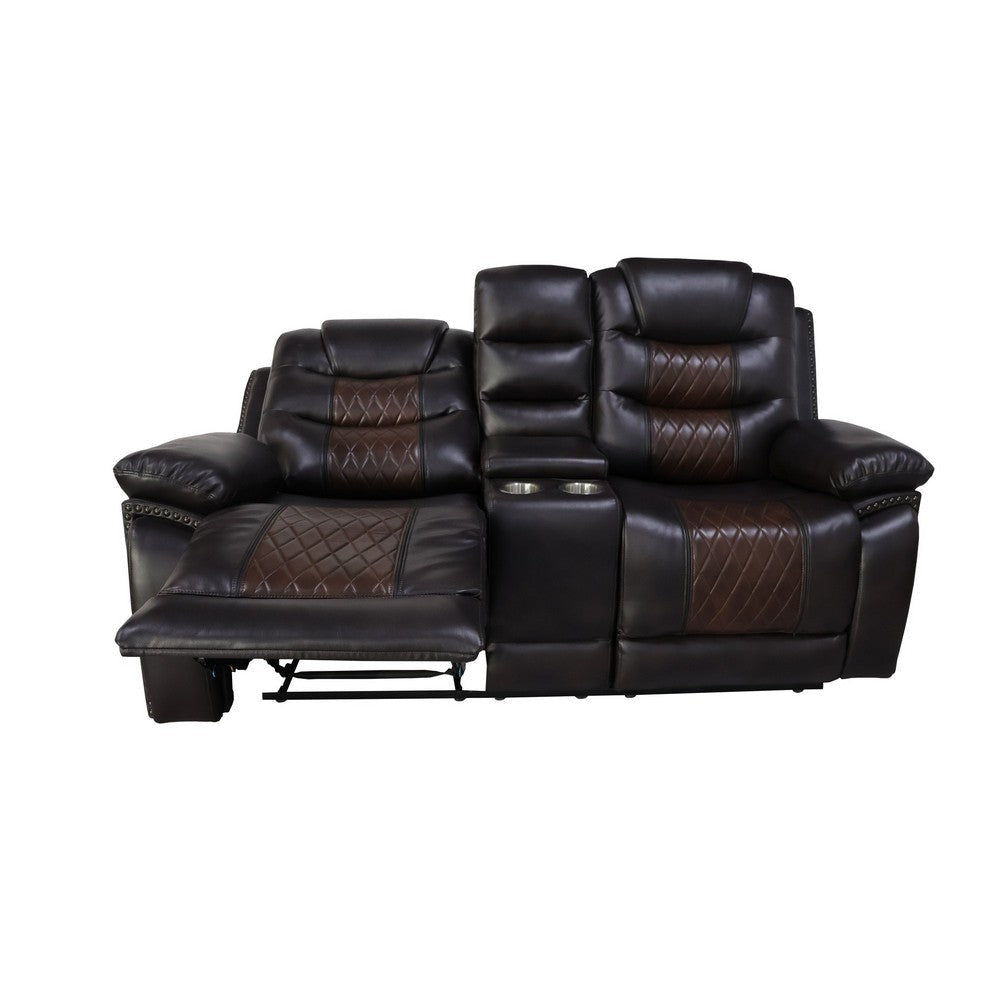 Asher 74 Inch Loveseat with Power Recliners Console Brown Faux Leather By Casagear Home BM311484