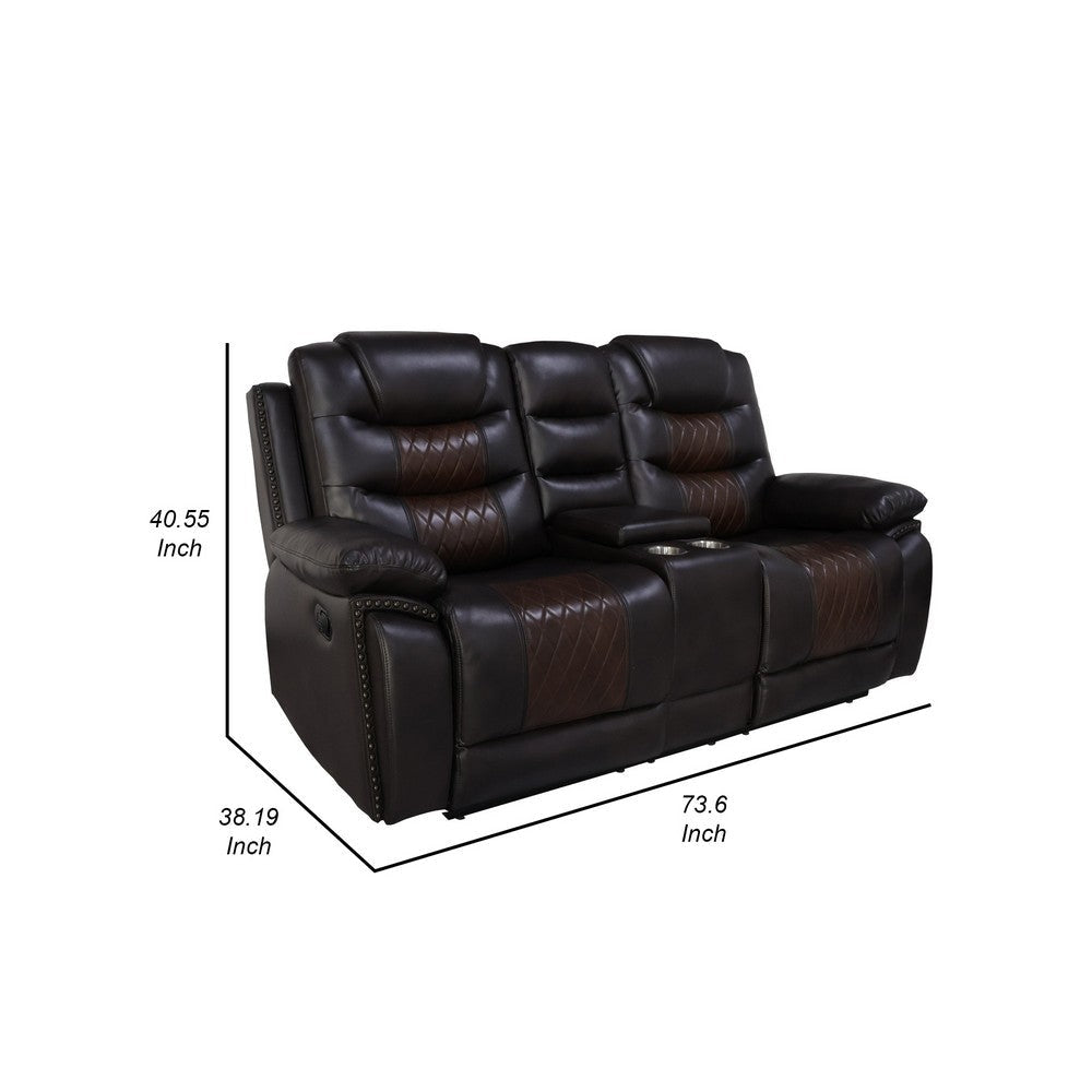 Asher 74 Inch Loveseat with Power Recliners Console Brown Faux Leather By Casagear Home BM311484