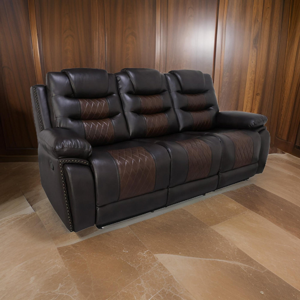 Asher 85 Inch Sofa with Dual Recliners, Brown Faux Leather Upholstery By Casagear Home