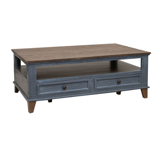 Rozy 50 Inch Coffee Table Pine Wood 4 Drawers Open Shelf Brown Blue By Casagear Home BM311495