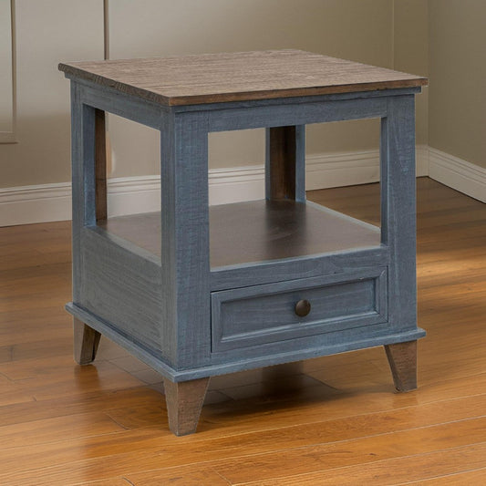 Rozy 26 Inch Side End Table, Pine Wood, 1 Drawer, Open Shelf, Brown, Blue By Casagear Home