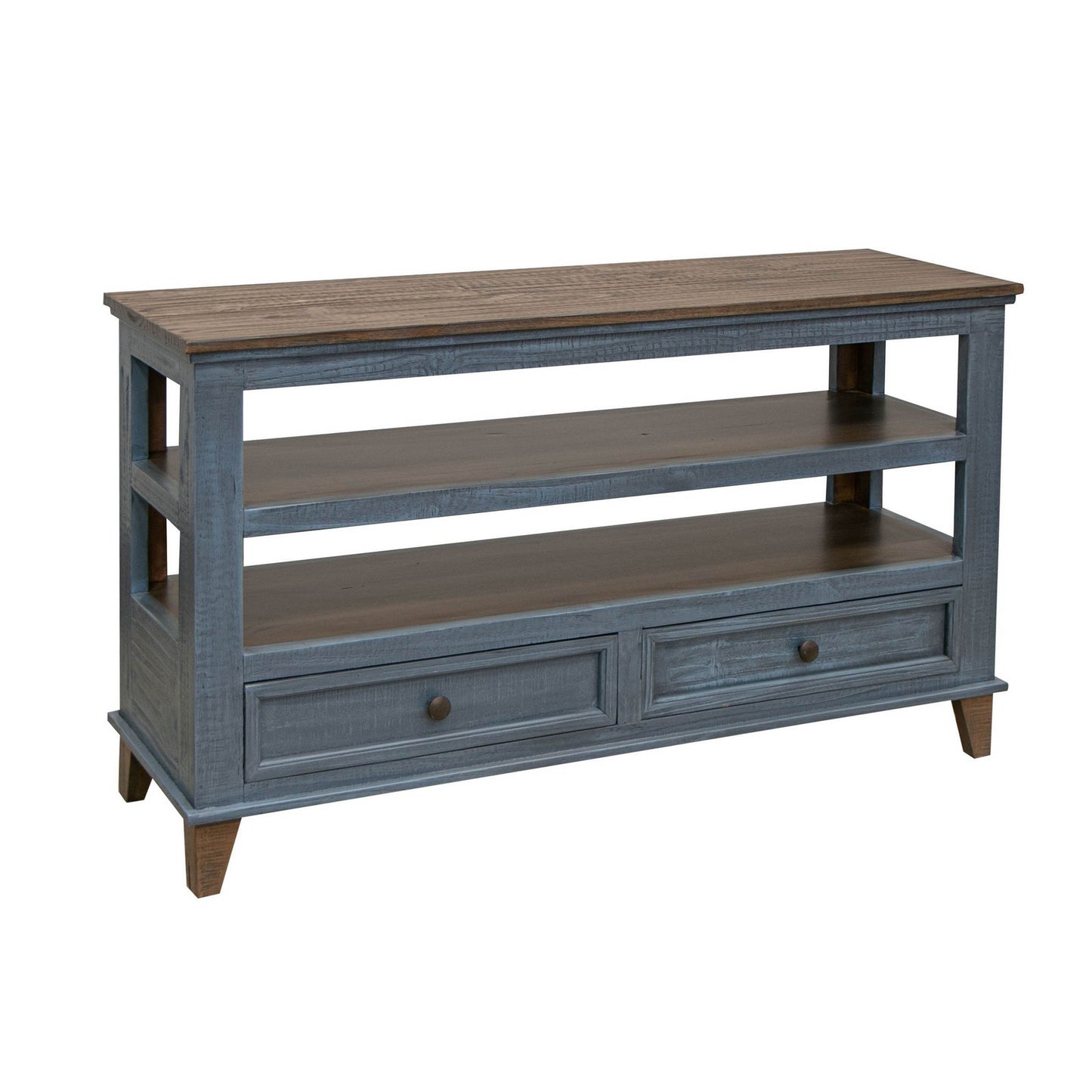 Rozy 55 Inch Sofa Table Pine Wood 2 Drawers Open Shelves Brown Blue By Casagear Home BM311498