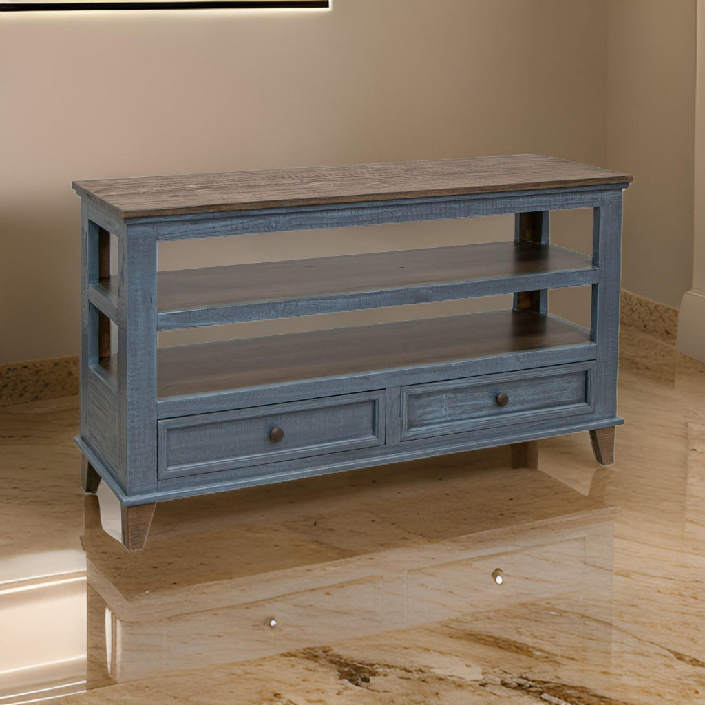 Rozy 55 Inch Sofa Table Pine Wood 2 Drawers Open Shelves Brown Blue By Casagear Home BM311498