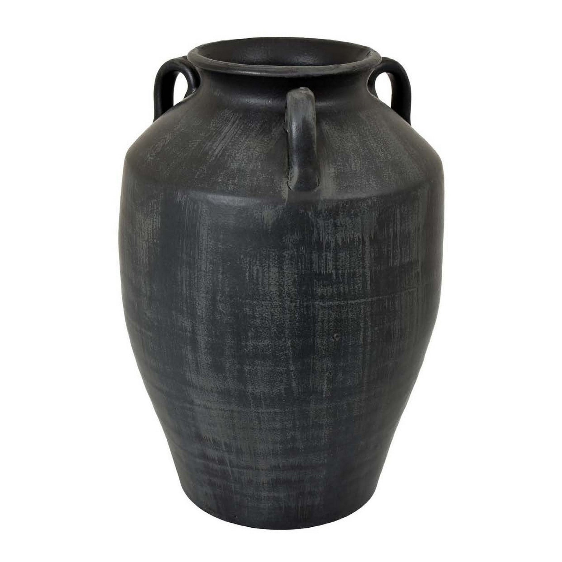 Risa 14 Inch Decorative Vase Urn Shape 3 Curved Handles Antique Black By Casagear Home BM311511