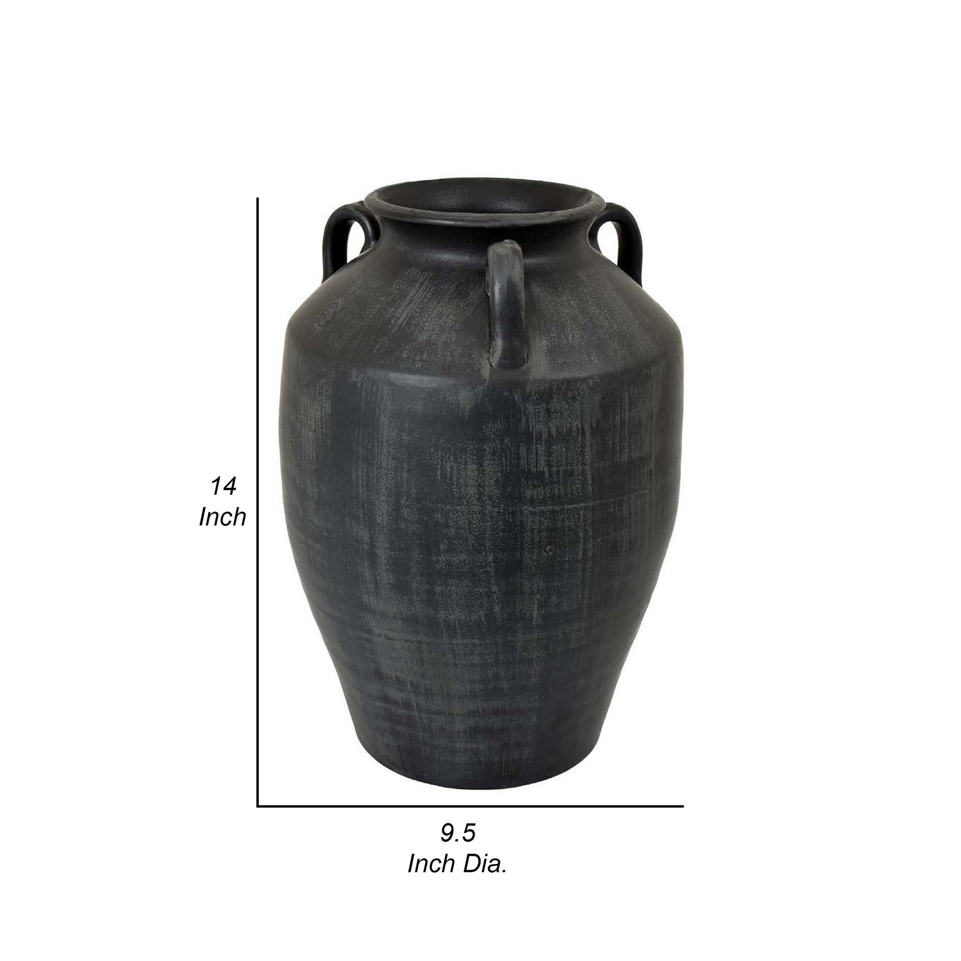 Risa 14 Inch Decorative Vase Urn Shape 3 Curved Handles Antique Black By Casagear Home BM311511