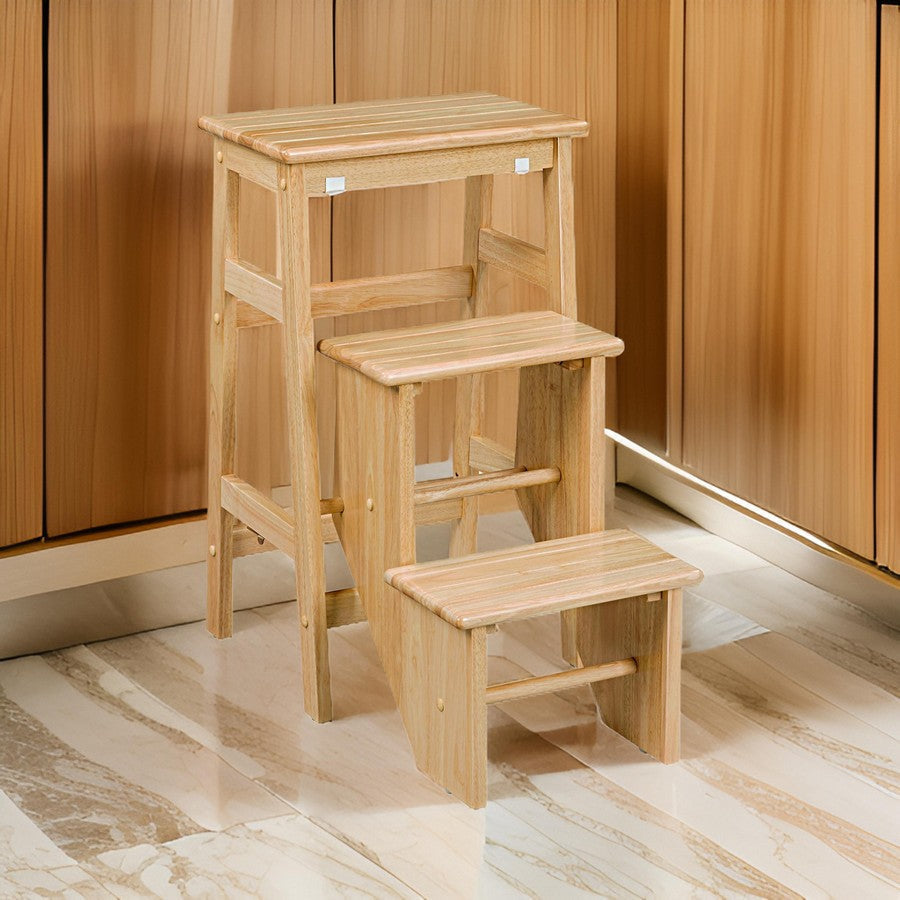 Nero 30 Inch Folding Step Stool 3 Tier Design Farmhouse Natural Brown By Casagear Home BM311529