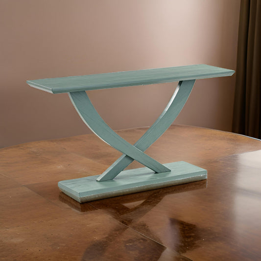 Rase 57 Inch Console Table Cross Leg Design Pedestal Base Gray Green By Casagear Home BM311536