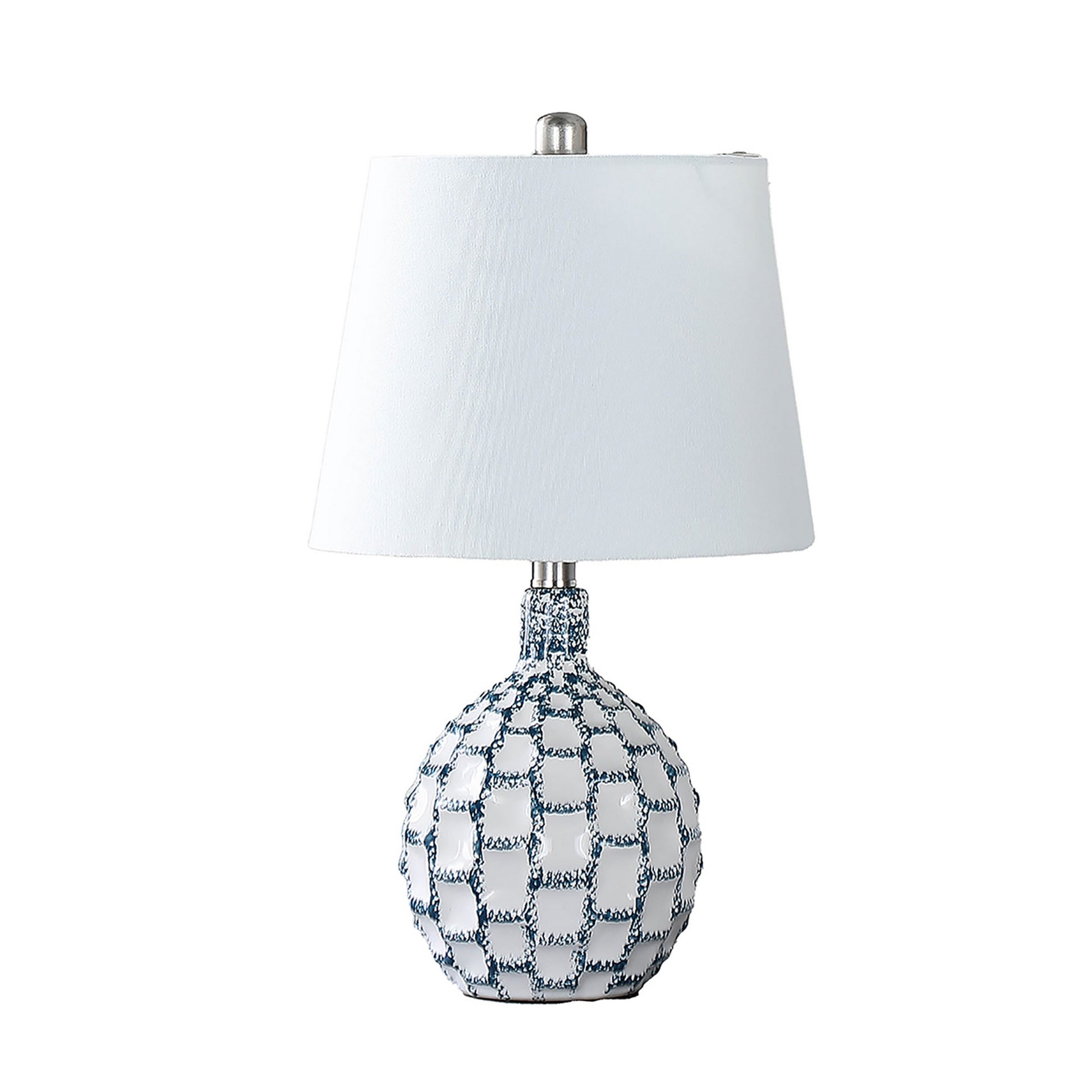 20 Inch Table Lamp Luxurious Lattice Ceramic Body Drum Shade Blue Silver By Casagear Home BM311576