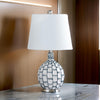 20 Inch Table Lamp Luxurious Lattice Ceramic Body Drum Shade Blue Silver By Casagear Home BM311576