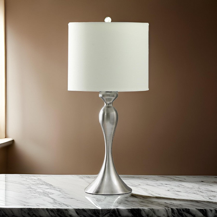 Omi 25 Inch Table Lamp Drum White Shade Sleek Modern Brushed Silver Body By Casagear Home BM311581