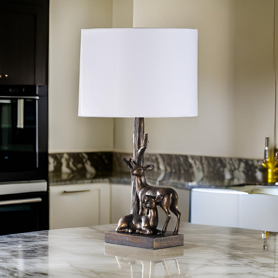 20 Inch Accent Table Lamp Dual Roe Deer Design White Drum Shade Bronze By Casagear Home BM311587