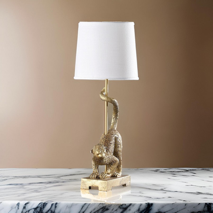 Ree 24 Inch Accent Table Lamp, Monkey Resin Sculpture, Drum Shade, Gold By Casagear Home