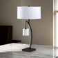 Jiya 29 Inch Arc Table Lamp, Hanging Design, 2 White Drum Shades, Black By Casagear Home