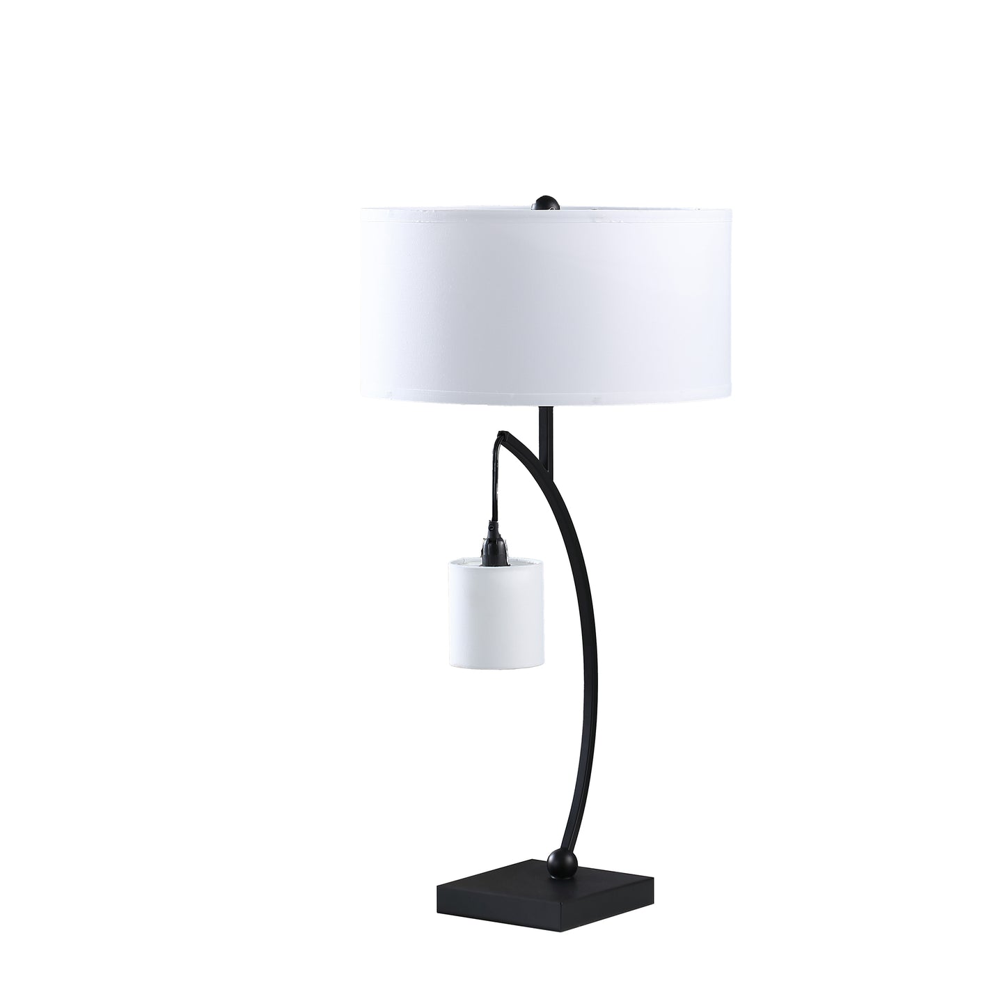 Jiya 29 Inch Arc Table Lamp Hanging Design 2 White Drum Shades Black By Casagear Home BM311590