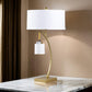 Jiya 29 Inch Arc Table Lamp, Hanging Design, 2 White Drum Shades, Gold By Casagear Home