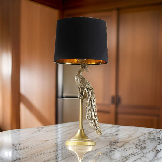 29 Inch Peacock Table Lamp Gold Polyresin Sculpture Black Drum Shade By Casagear Home BM311595