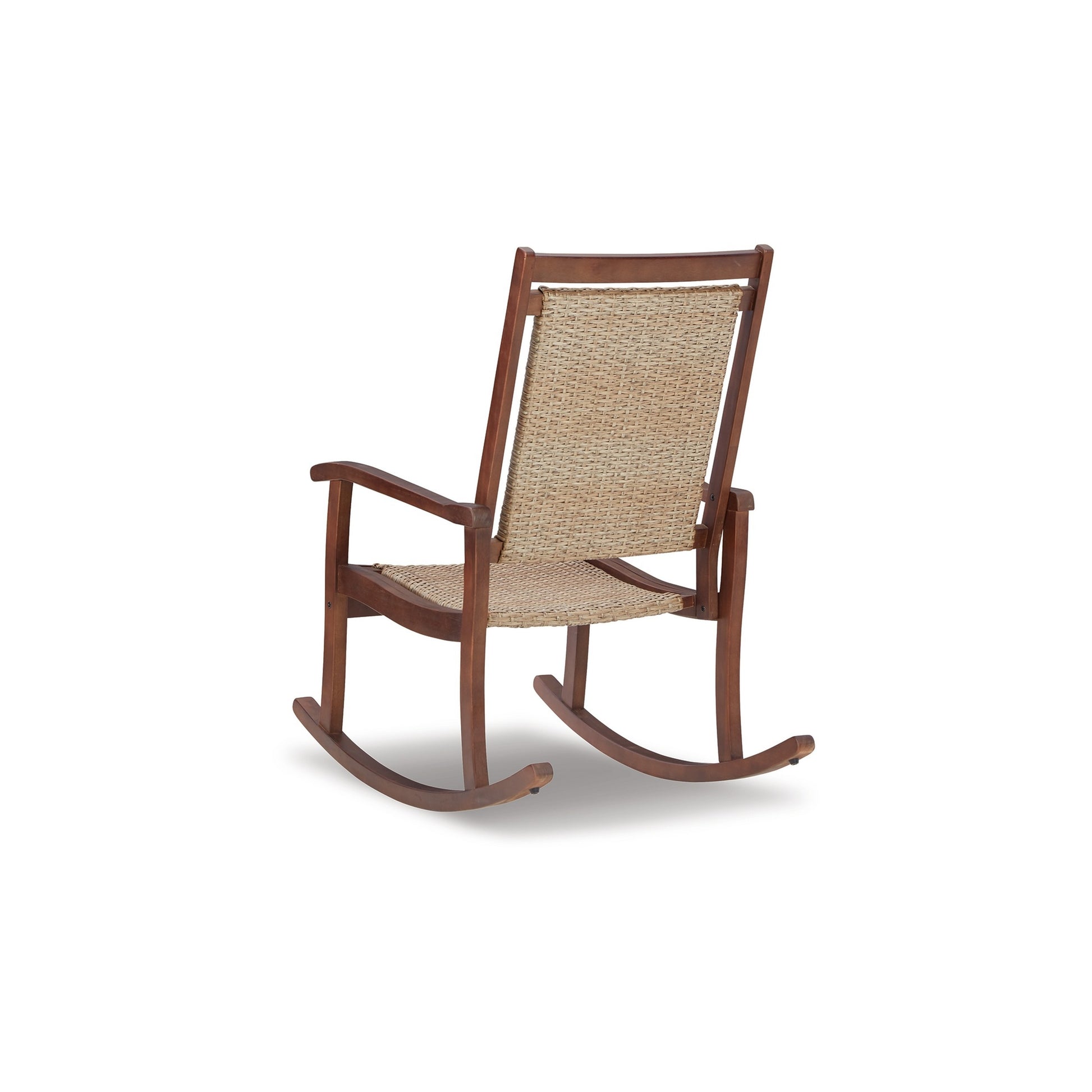 Emin 38 Inch Rocking Chair Outdoor Resin Wicker Seat Brown Wood Frame By Casagear Home BM311596