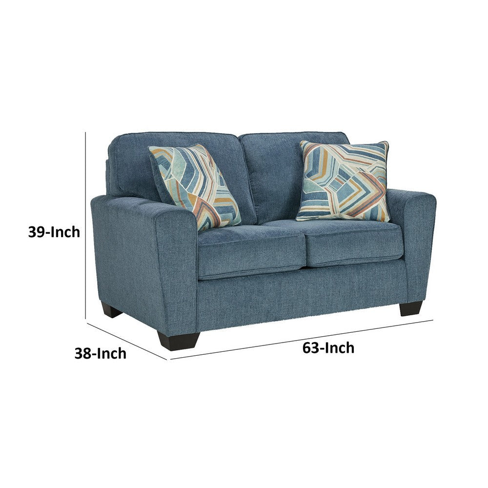 Caten 63 Inch Loveseat Transitional Polyester 2 Pillows Muted Blue By Casagear Home BM311642