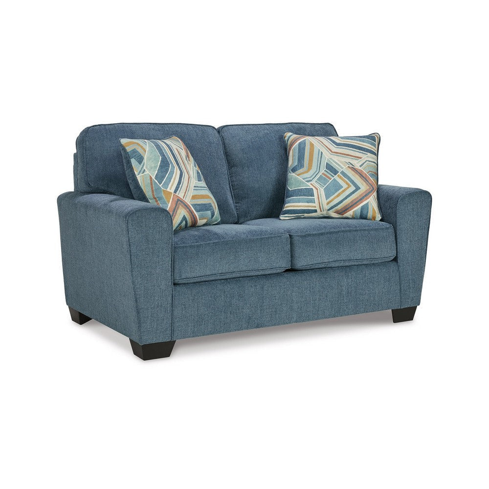 Caten 63 Inch Loveseat, Transitional Polyester, 2 Pillows, Muted Blue By Casagear Home