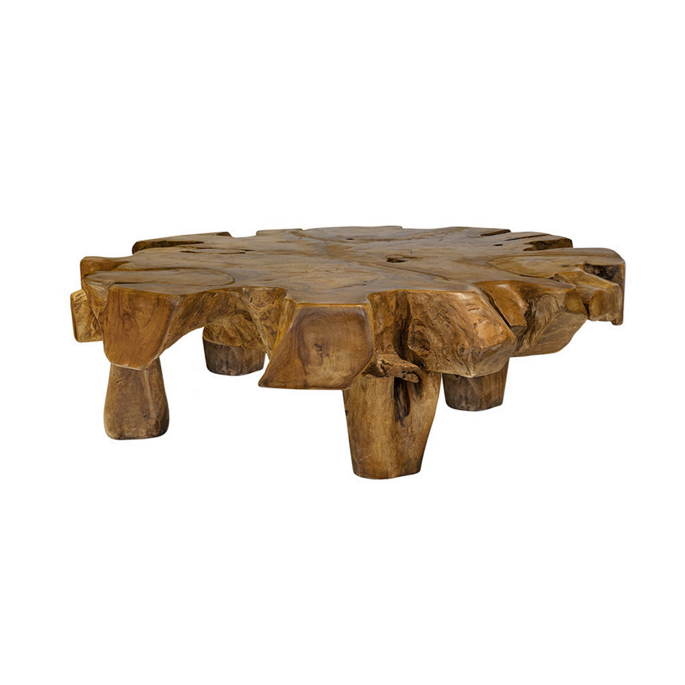 47 Inch Coffee Table, Teak Root Frame, Natural Wood Grains, Classic Brown By Casagear Home